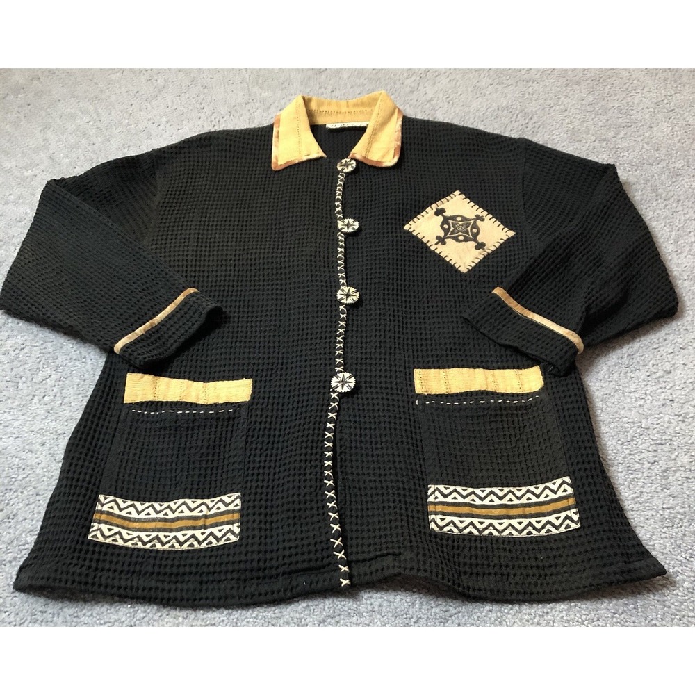 Vtg 80s Waffle Knit Cardigan Jacket Womens L Black Button Up Pockets Tribal Goth